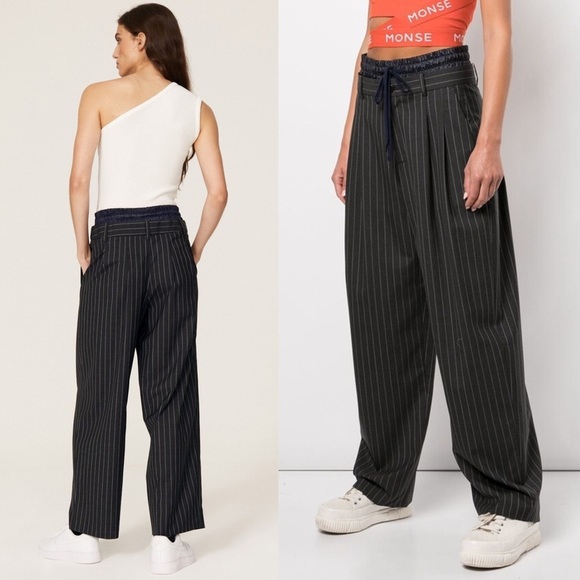 MONSE Double Waistband High Rise Pinstripe Virgin Wool Pleated Wide Leg Pants 6 - Picture 2 of 10